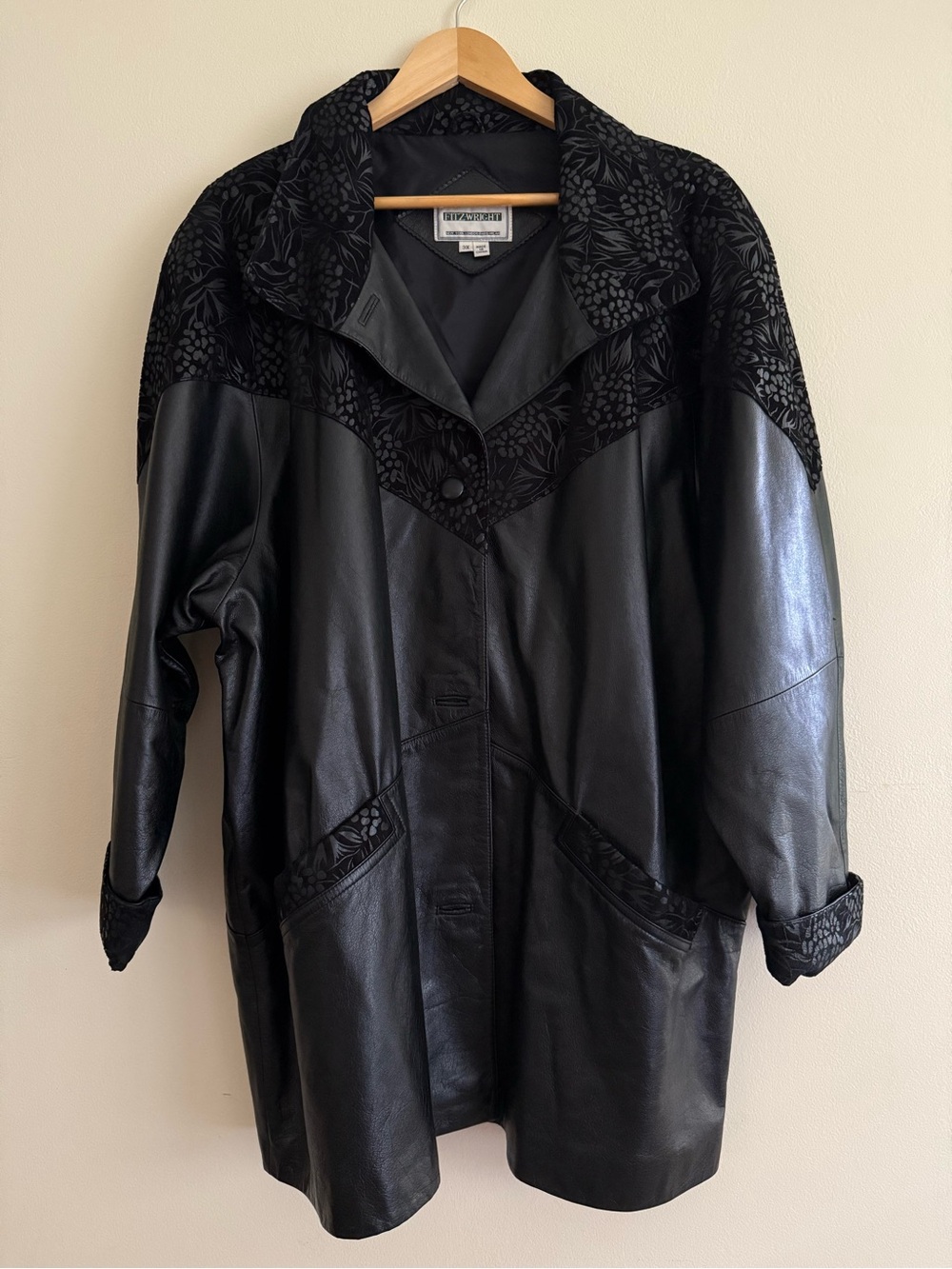 Vintage Fitz-Wright Black Genuine Leather & Floral Velvet Accent Coat Jacket 3X